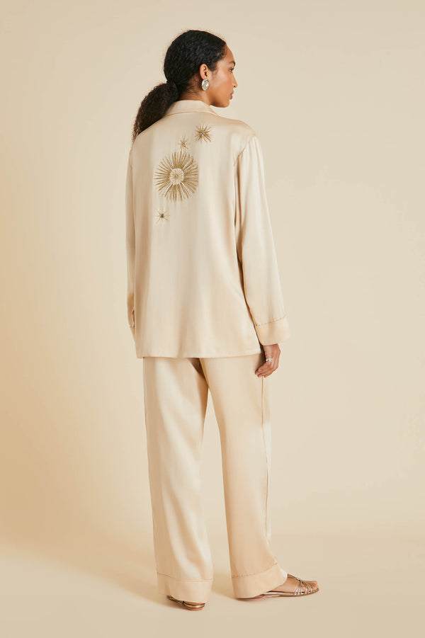 Olivia Von Halle Yves Celestine Caramel Embellished Pajamas In Sandwashed Silk