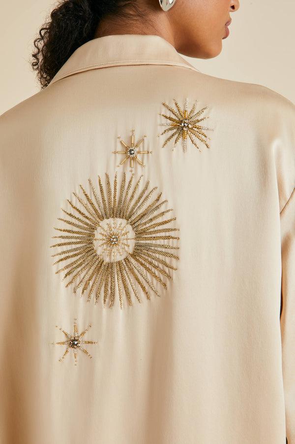 Olivia Von Halle Yves Celestine Caramel Embellished Pajamas In Sandwashed Silk