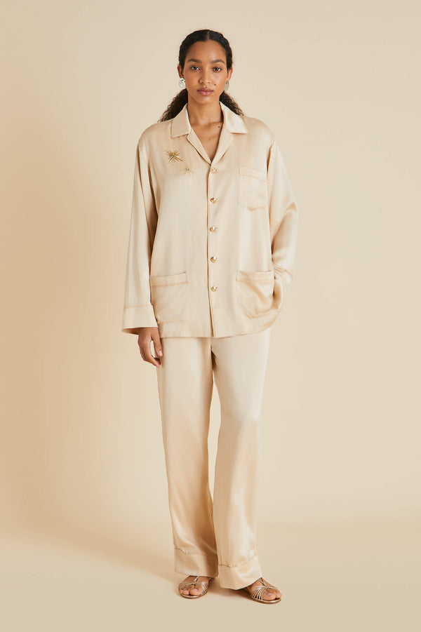 Olivia Von Halle Yves Celestine Caramel Embellished Pajamas In Sandwashed Silk