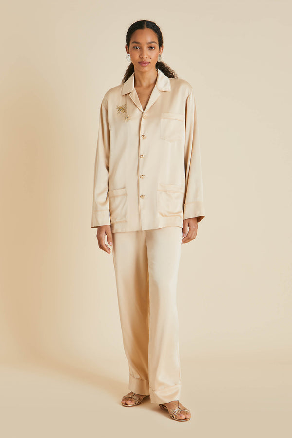olivia von halle Yves Celestine Caramel Embellished Pajamas in Sandwashed Silk