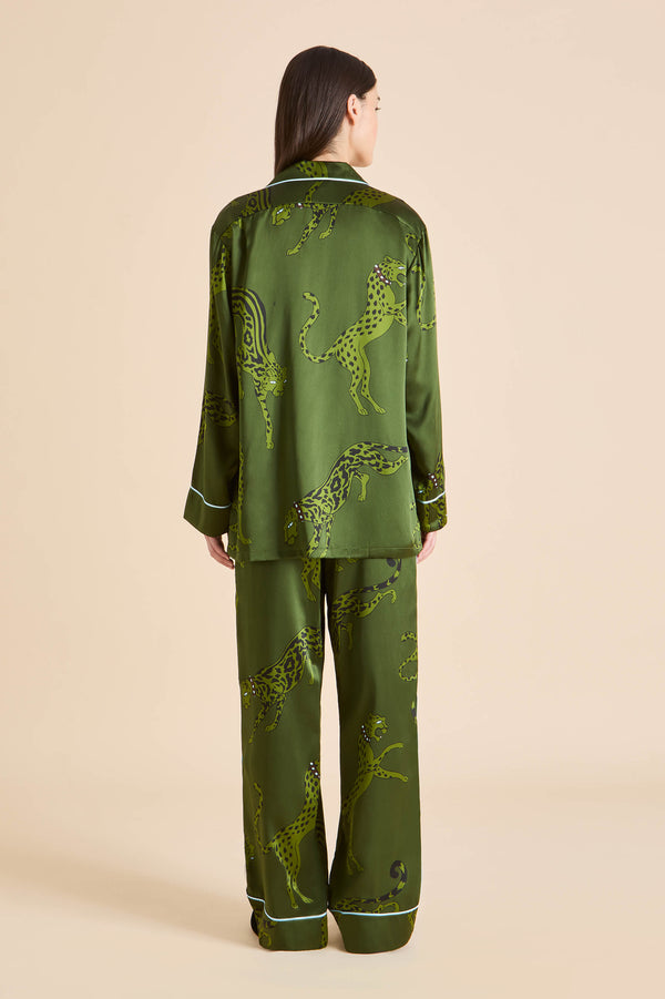 Olivia Von Halle Yves Cosmos Green Leopard Pajamas In Silk Satin Green