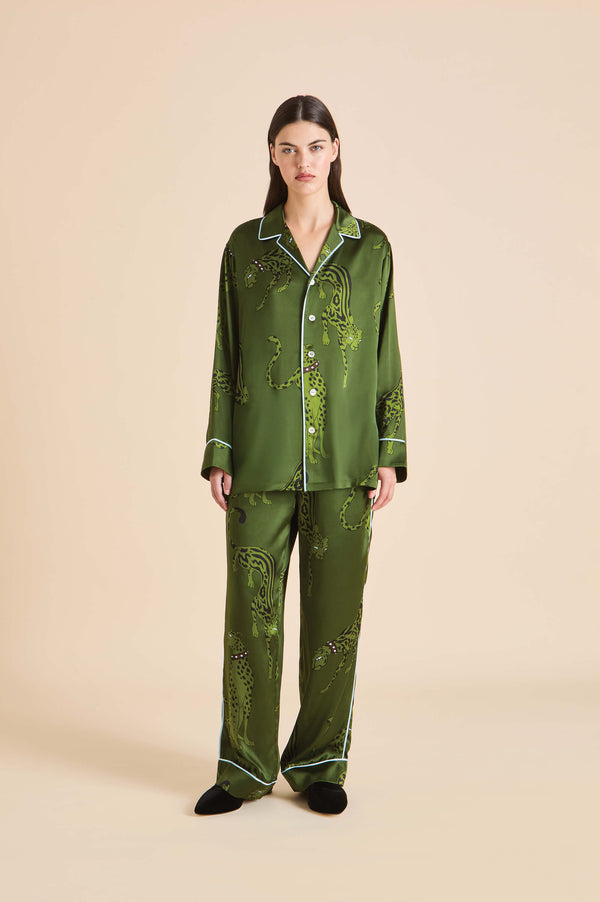 olivia von halle Yves Cosmos Green Leopard Pajamas in Silk Satin Green