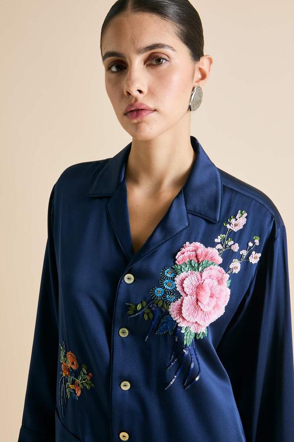 Olivia Von Halle Yves Harmonies Navy Embellished Pajamas In Silk Satin Navy