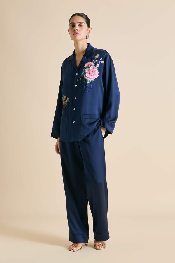 Olivia Von Halle Yves Harmonies Navy Embellished Pajamas In Silk Satin Navy