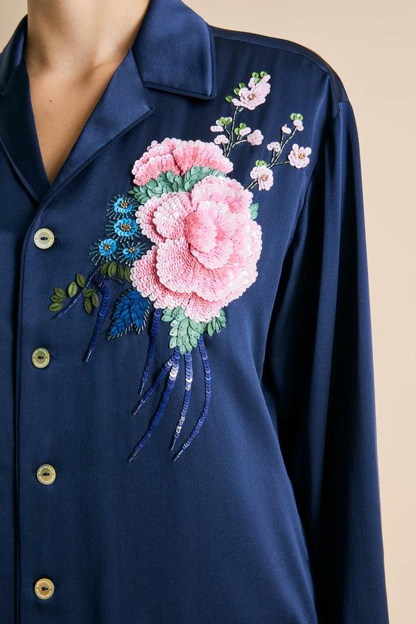 Olivia Von Halle Yves Harmonies Navy Embellished Pajamas In Silk Satin Navy