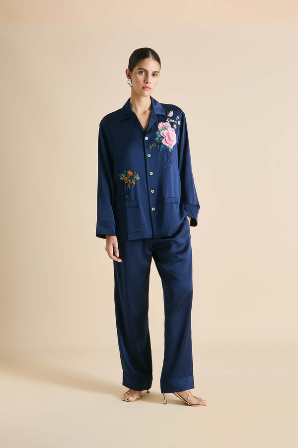 olivia von halle Yves Harmonies Navy Embellished Pajamas in Silk Satin Navy
