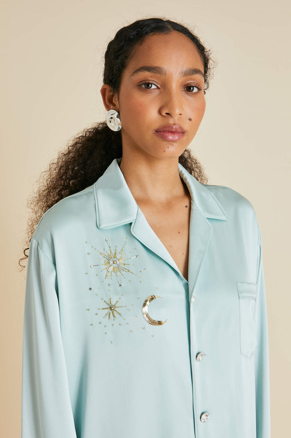 Olivia Von Halle Yves Incantation Blue Embellished Pajamas In Sandwashed Silk