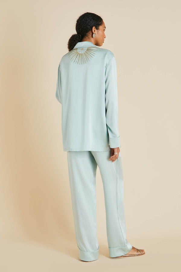 Olivia Von Halle Yves Incantation Blue Embellished Pajamas In Sandwashed Silk