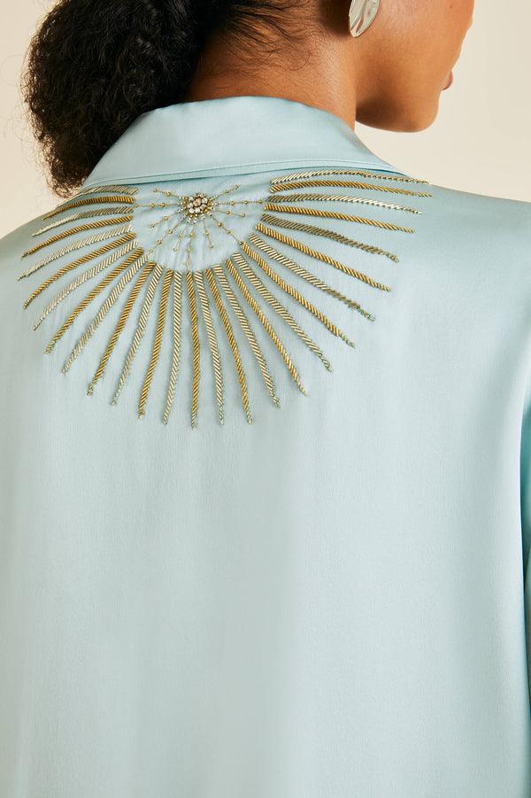 Olivia Von Halle Yves Incantation Blue Embellished Pajamas In Sandwashed Silk