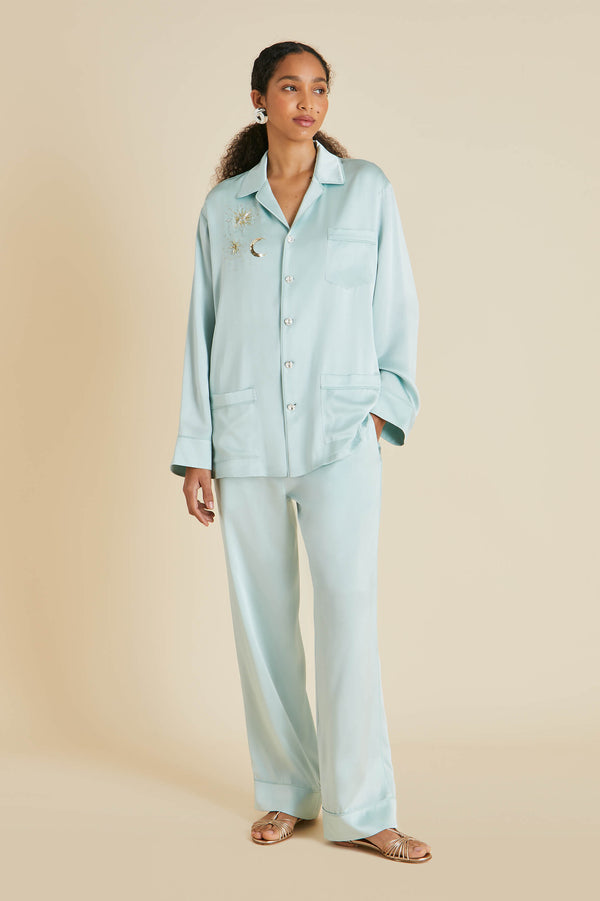 olivia von halle Yves Incantation Blue Embellished Pajamas in Sandwashed Silk