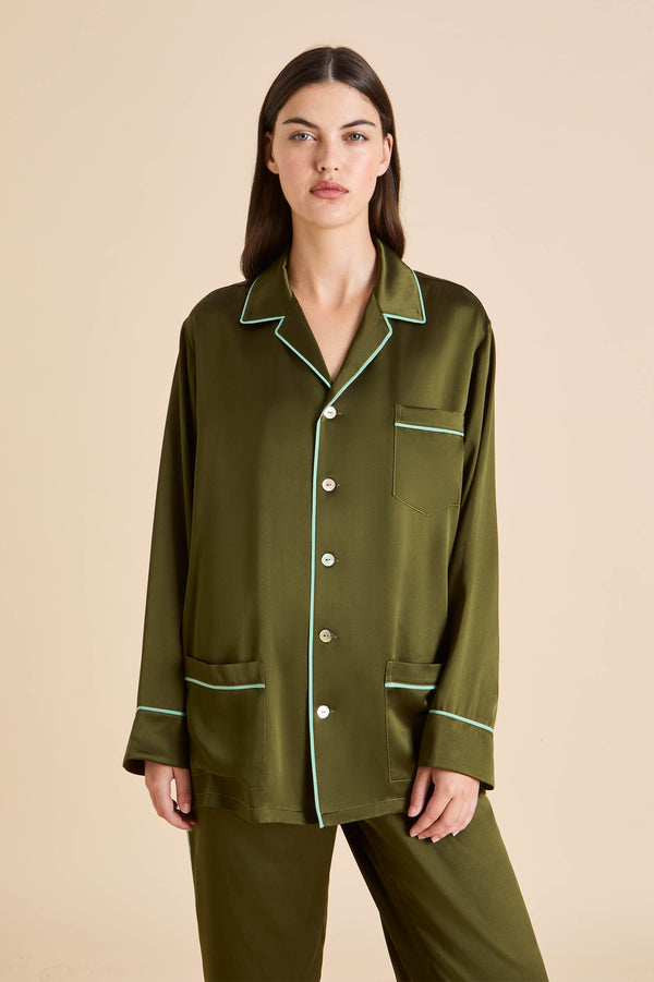 Olivia Von Halle Yves Ivy Green Pajamas In Silk Satin Green
