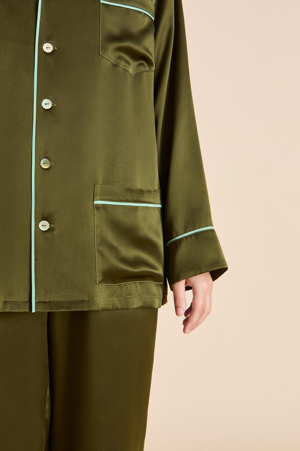Olivia Von Halle Yves Ivy Green Pajamas In Silk Satin Green