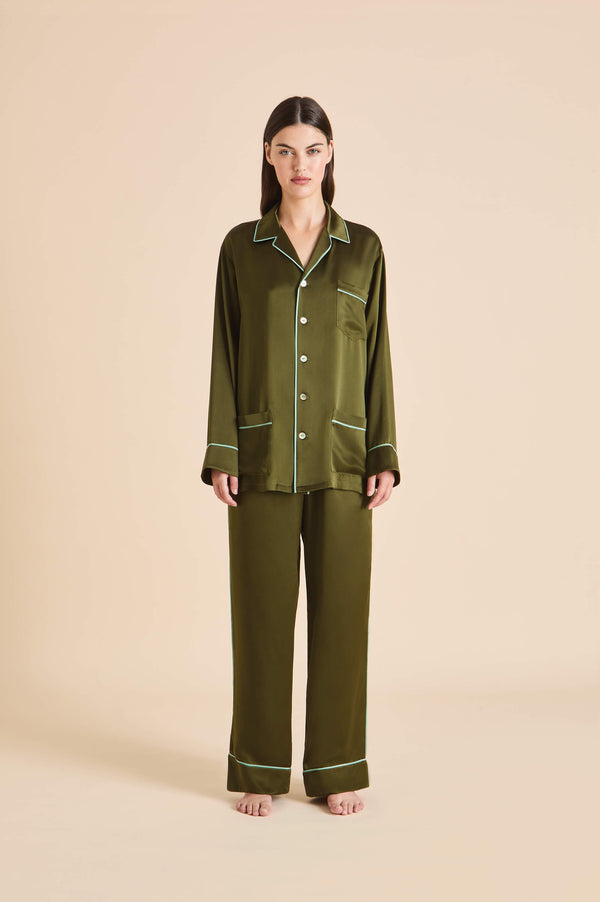 olivia von halle Yves Ivy Green Pajamas in Silk Satin Green