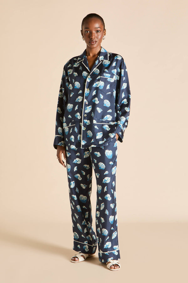 Olivia Von Halle Yves Nautilus Navy Seashell Pajamas In Silk Twill Navy