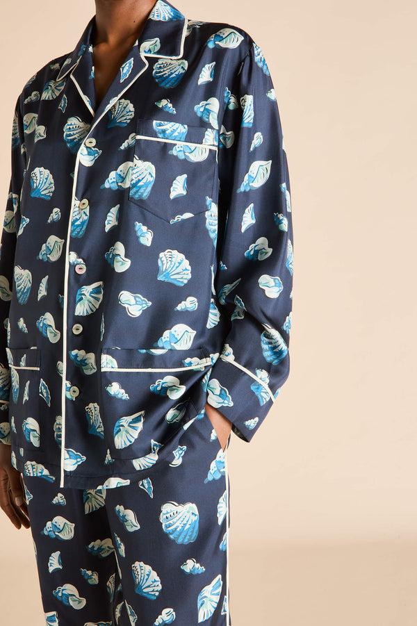 Olivia Von Halle Yves Nautilus Navy Seashell Pajamas In Silk Twill Navy