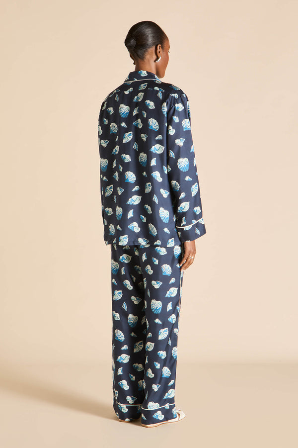 Olivia Von Halle Yves Nautilus Navy Seashell Pajamas In Silk Twill Navy