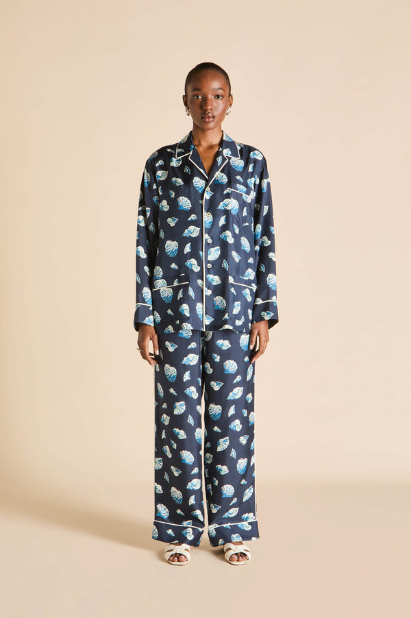 olivia von halle Yves Nautilus Navy Seashell Pajamas in Silk Twill Navy