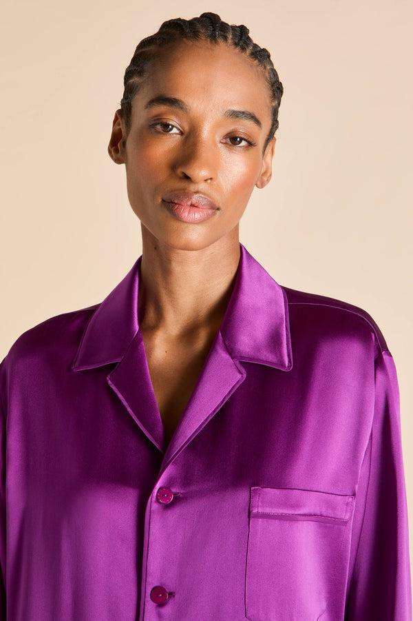 Olivia Von Halle Yves Plum Pajamas In Silk Satin Plum