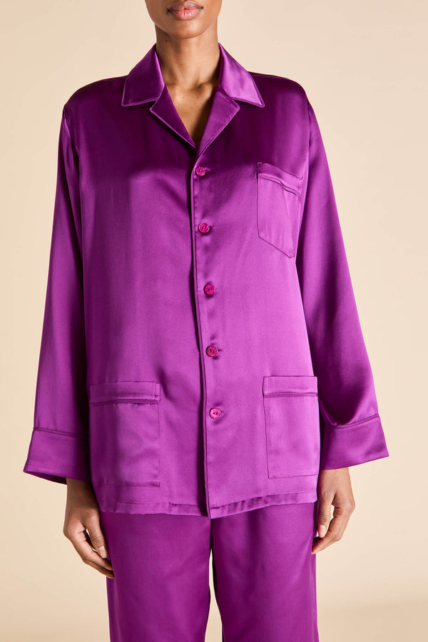Olivia Von Halle Yves Plum Pajamas In Silk Satin Plum