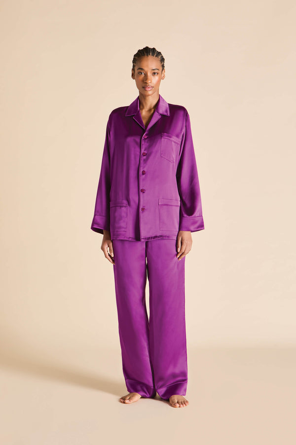 olivia von halle Yves Plum Pajamas in Silk Satin Plum