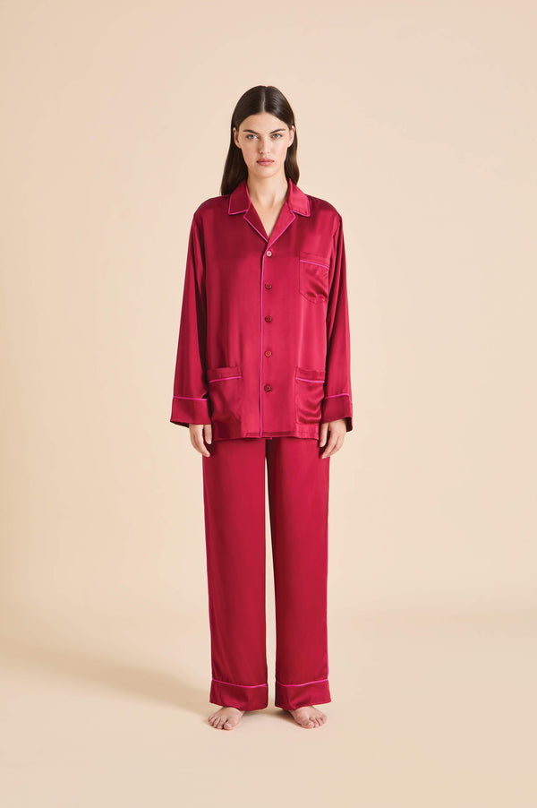 olivia von halle Yves Russet Red Pajamas in Silk Satin Red