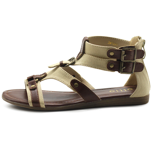 Ollio Ollio Women's Flat Shoe Gladiator Strappy Buckle Ankle Strap Back Zipper Sandal