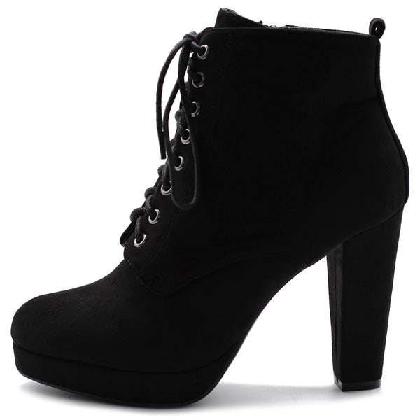 Ollio Ollio Women's Shoe Faux Suede Lace-up Platform Ankle Chunky Heel Booties