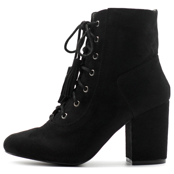 Ollio Ollio Women's Shoe Faux Suede Tessle Lace Up Stacked High Heel Ankle Boots