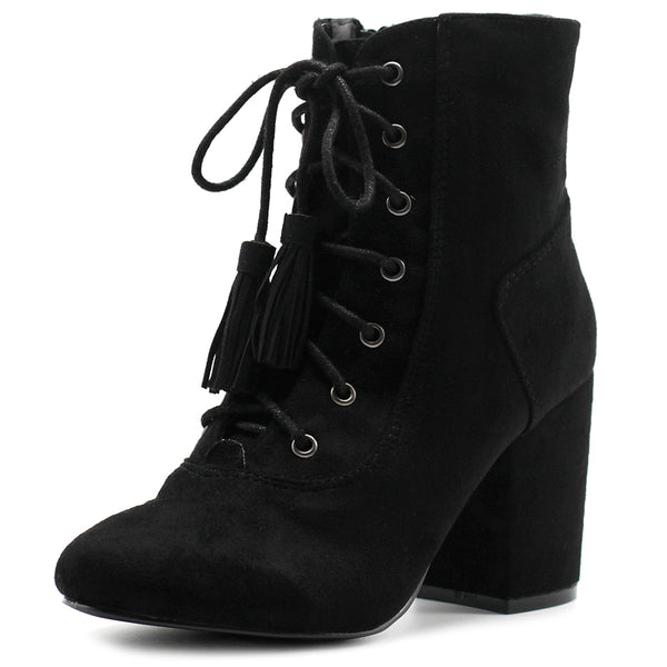 ollio Ollio Women's Shoe Faux Suede Tessle Lace Up Stacked High Heel Ankle Boots