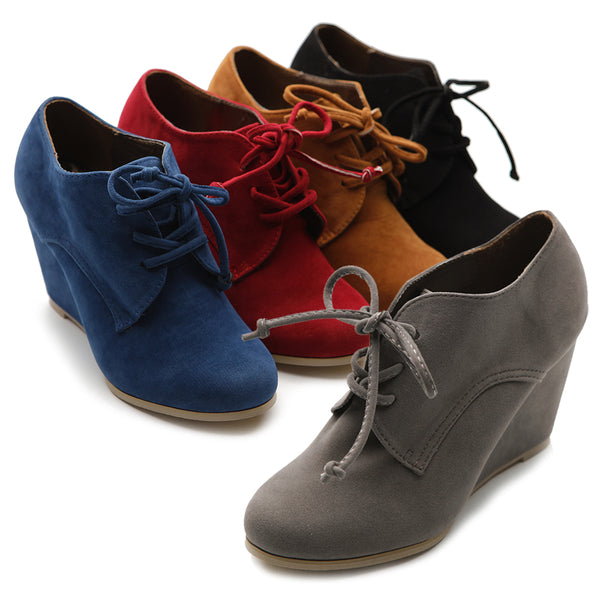 Ollio Ollio Women's Shoe Faux Suede Wedge Heel Fashion Ankle Lace Up Boots