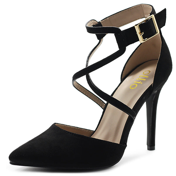 ollio Ollio Women's Shoes Faux Suede Ankel Buckle Cross Straps Pointed Toe High Heels Pumps