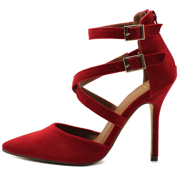 Ollio Ollio Women Shoes Cross Strap Back Zipper Stiletto High Heel Faux Suede Pumps