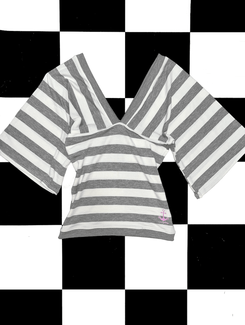 o'mighty BUTTERFLY SLEEVED V NECK IN GREY STRIPES