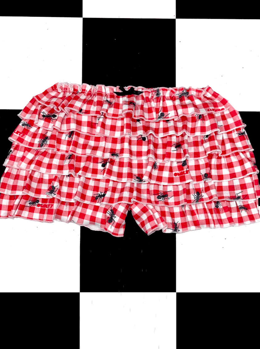 o'mighty GINGHAM ANT POINTELLE RUFFLE SHORTS