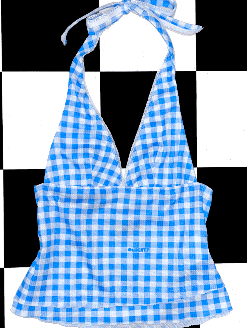 o'mighty GINGHAM WAFFLE HALTER TOP IN BLUE