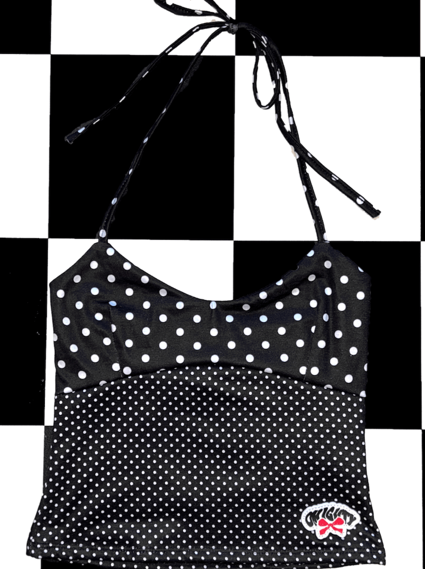 o'mighty RIBBON HALTER IN BLACK POLKA