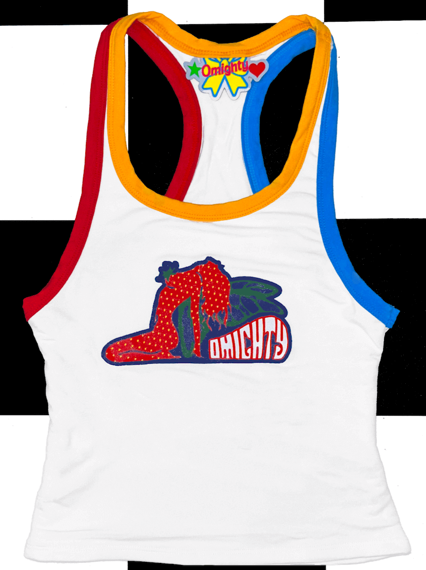 o'mighty STRAWBERRY GIRL RACER TANK IN WHITE