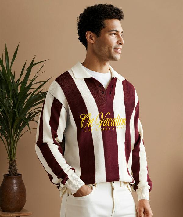On Vacation Club Lets Take A Trip Striped Knit Polo Sweater - Burgundy