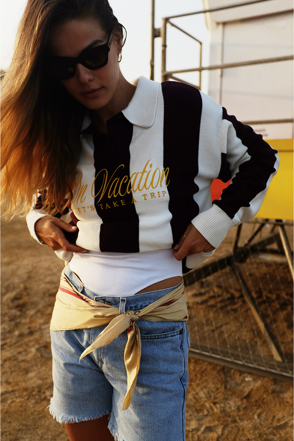 On Vacation Club Lets Take A Trip Striped Knit Polo Sweater - Burgundy