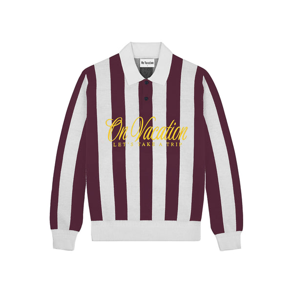 on vacation club Lets Take A Trip Striped Knit Polo Sweater - Burgundy