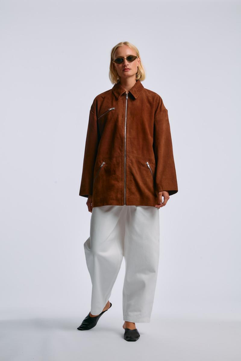 One & Other AMBER SUEDE LEATHER JACKET COGNAC BROWN