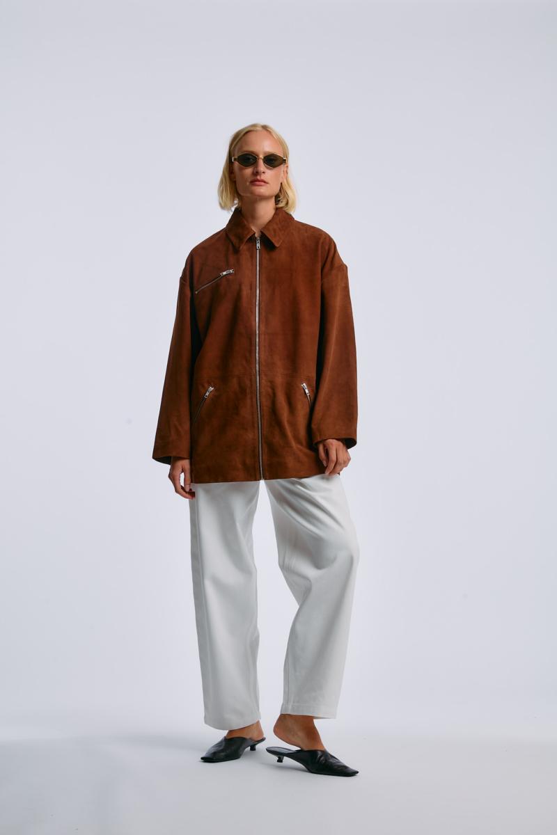 one & other AMBER SUEDE LEATHER JACKET COGNAC BROWN