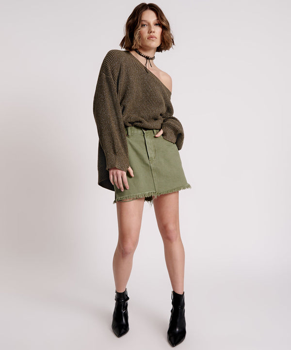 one teaspoon 2020 High Waist Mini Denim Skirt - Military Khaki