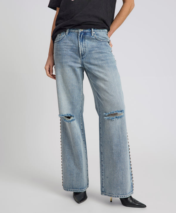 One Teaspoon 25th Anniversary Jackson Mid Waist Wide Leg Studded Denim Jeans - Salty Dog