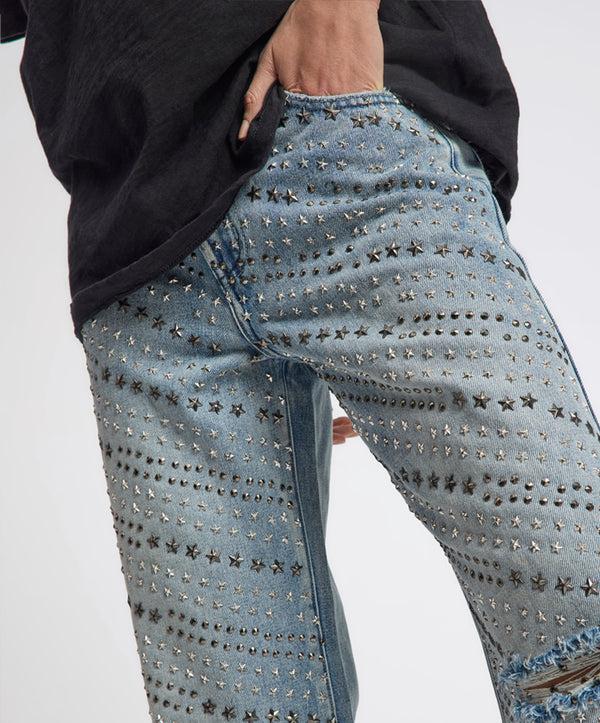 One Teaspoon 25th Anniversary Limited Edition Jackson Mid Waist Wide Leg Studded Denim Jeans - Salty Dog