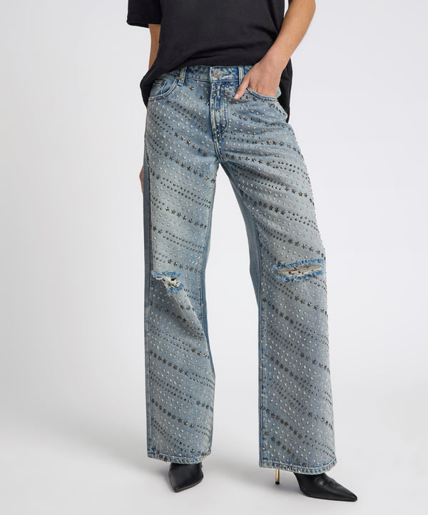 One Teaspoon 25th Anniversary Limited Edition Jackson Mid Waist Wide Leg Studded Denim Jeans - Salty Dog