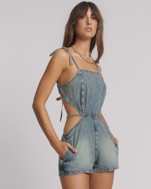 One Teaspoon 90's Backless Mini Denim Jumpsuit - Sunkissed Blue