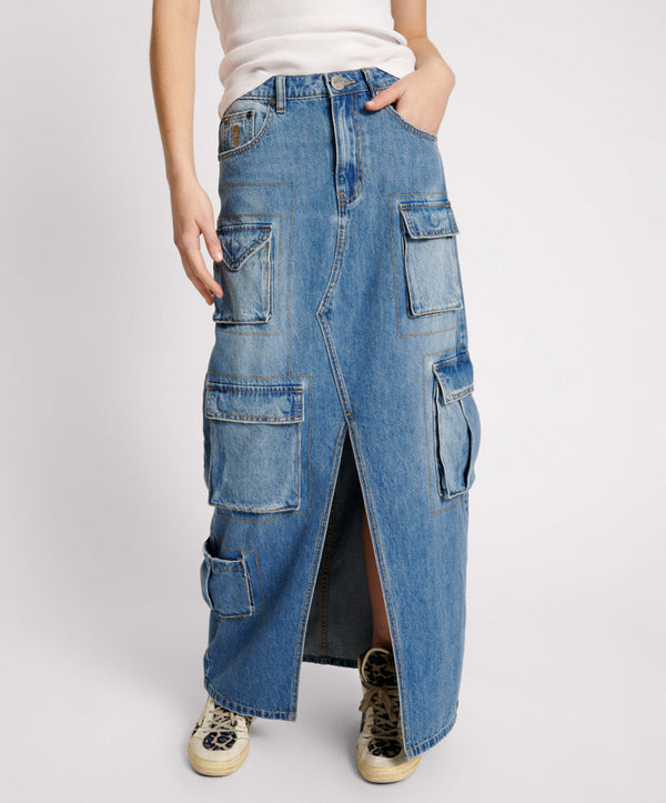 One Teaspoon 90S Cargo Pocket Column Denim Skirt - Pacifica