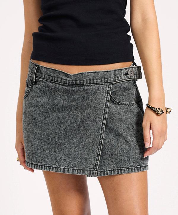 One Teaspoon Alexia Low Waist Wrap Mini Denim Skirt - Rocco Grey Black