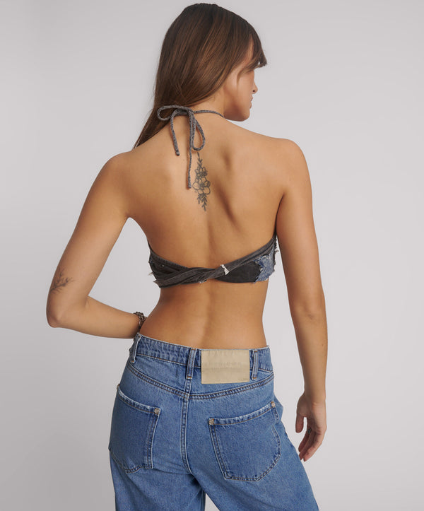 One Teaspoon Applique Star Halter Crop Top - Washed Black